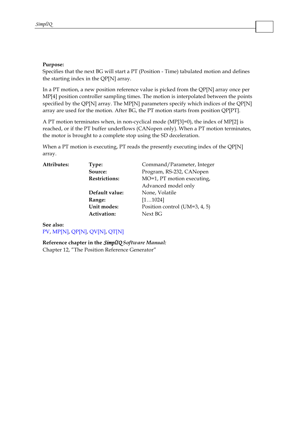 Pt - position time command | ElmoMC SimplIQ Command Reference User Manual | Page 129 / 188