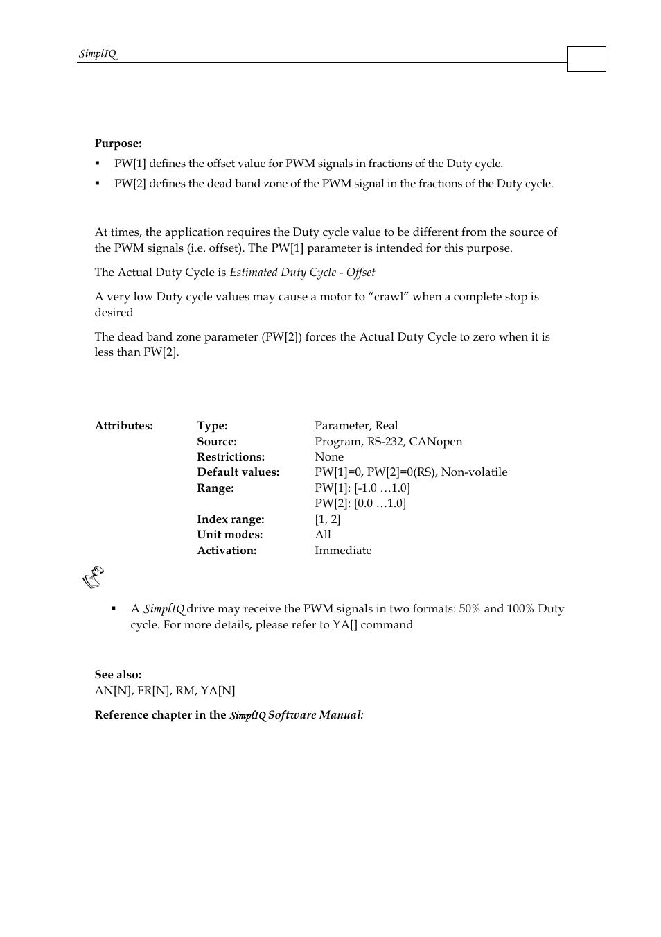 Pw[n] - pwm signal parameters | ElmoMC SimplIQ Command Reference User Manual | Page 131 / 188