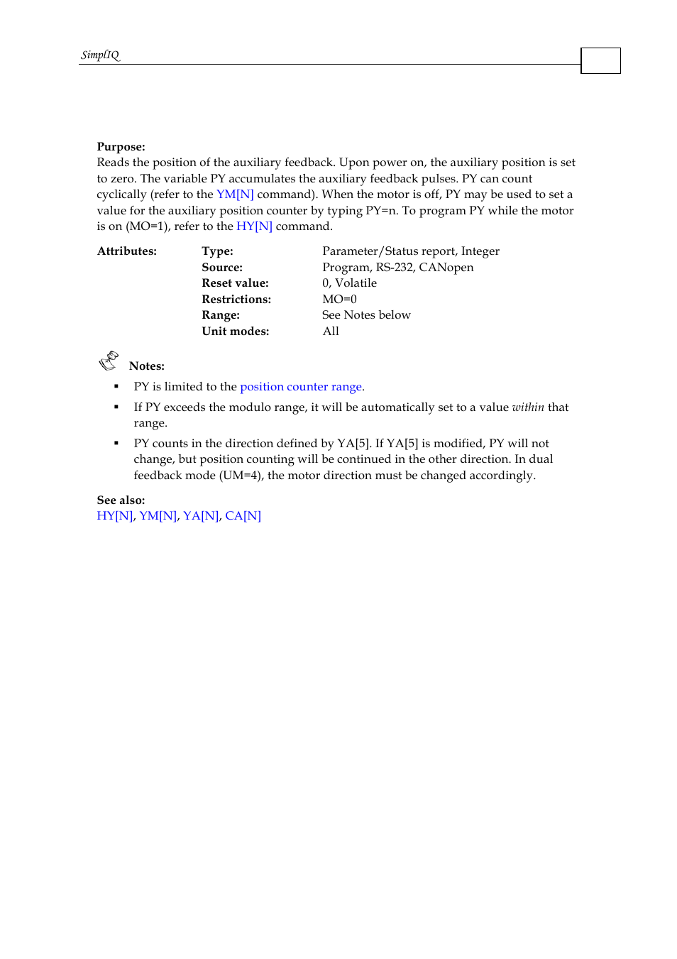 Py - auxiliary position | ElmoMC SimplIQ Command Reference User Manual | Page 133 / 188