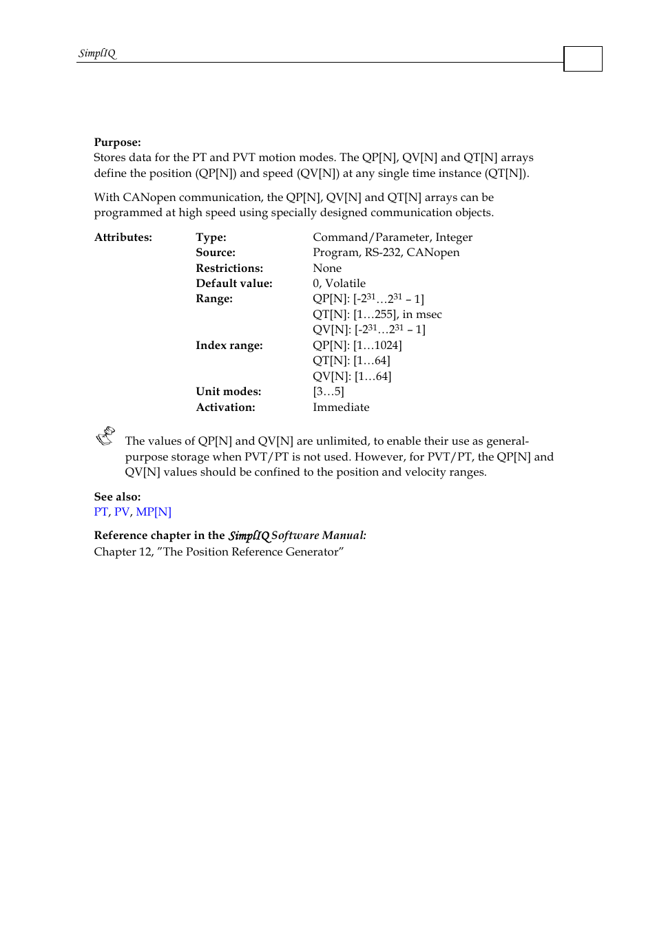 Qp[n], qt[n], qv[n] - position, time, velocity, Simpliq | ElmoMC SimplIQ Command Reference User Manual | Page 134 / 188