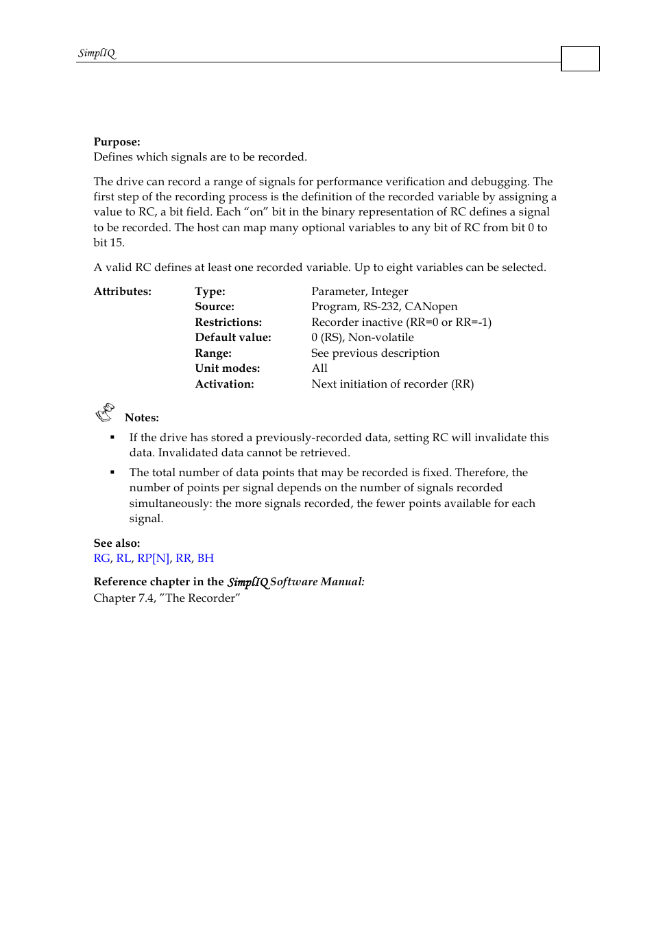 Rc - define recorded variables | ElmoMC SimplIQ Command Reference User Manual | Page 135 / 188