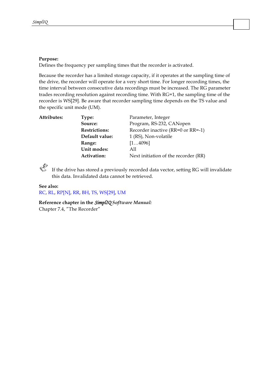Rg - recorder gap | ElmoMC SimplIQ Command Reference User Manual | Page 136 / 188
