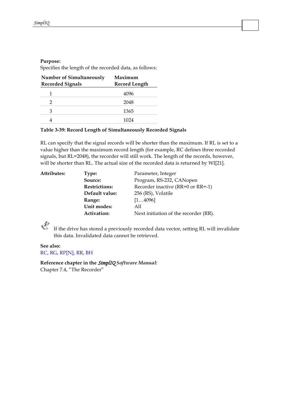 Rl - record length | ElmoMC SimplIQ Command Reference User Manual | Page 137 / 188