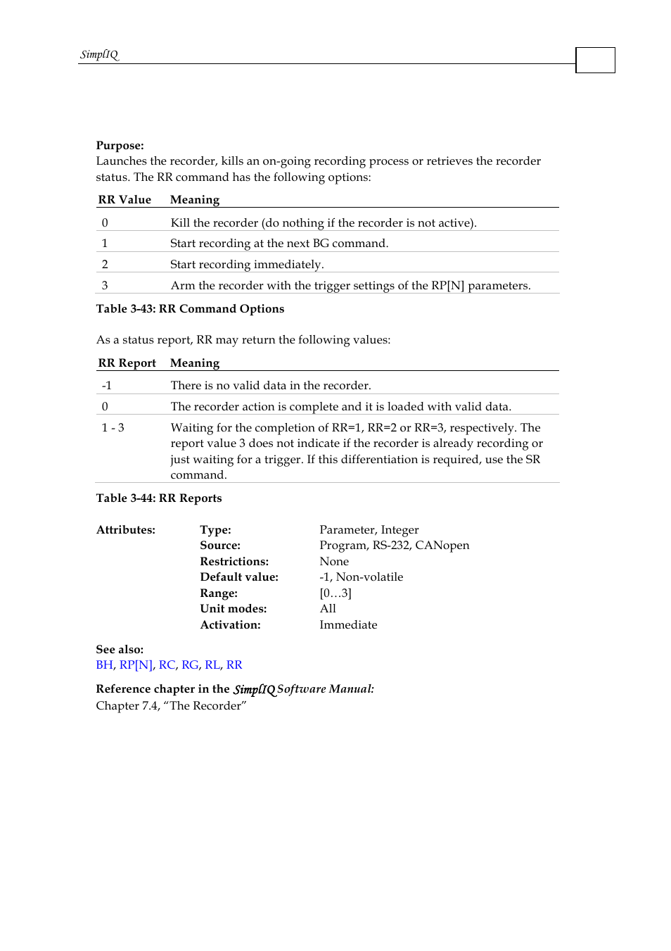 Rr - activate recorder / get recorder status | ElmoMC SimplIQ Command Reference User Manual | Page 141 / 188