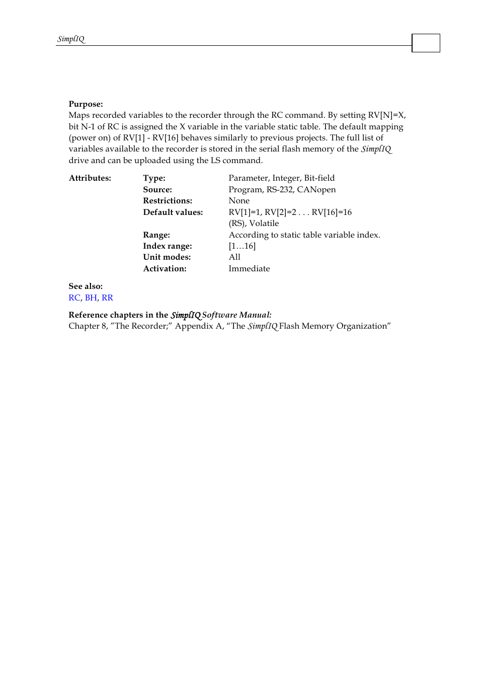 Rv[n] - recorded variables | ElmoMC SimplIQ Command Reference User Manual | Page 143 / 188
