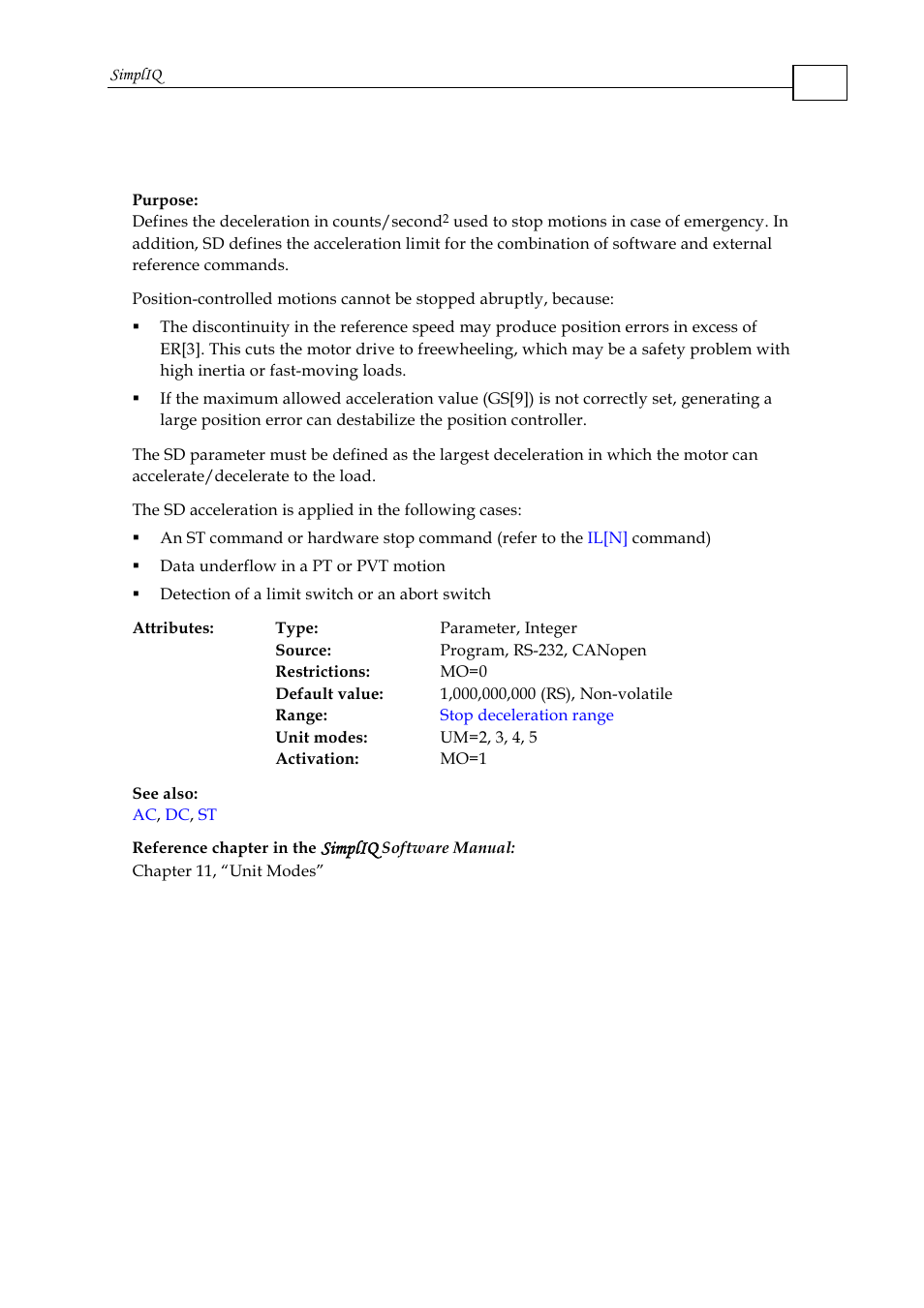 Sd - stop deceleration, Simpliq | ElmoMC SimplIQ Command Reference User Manual | Page 144 / 188