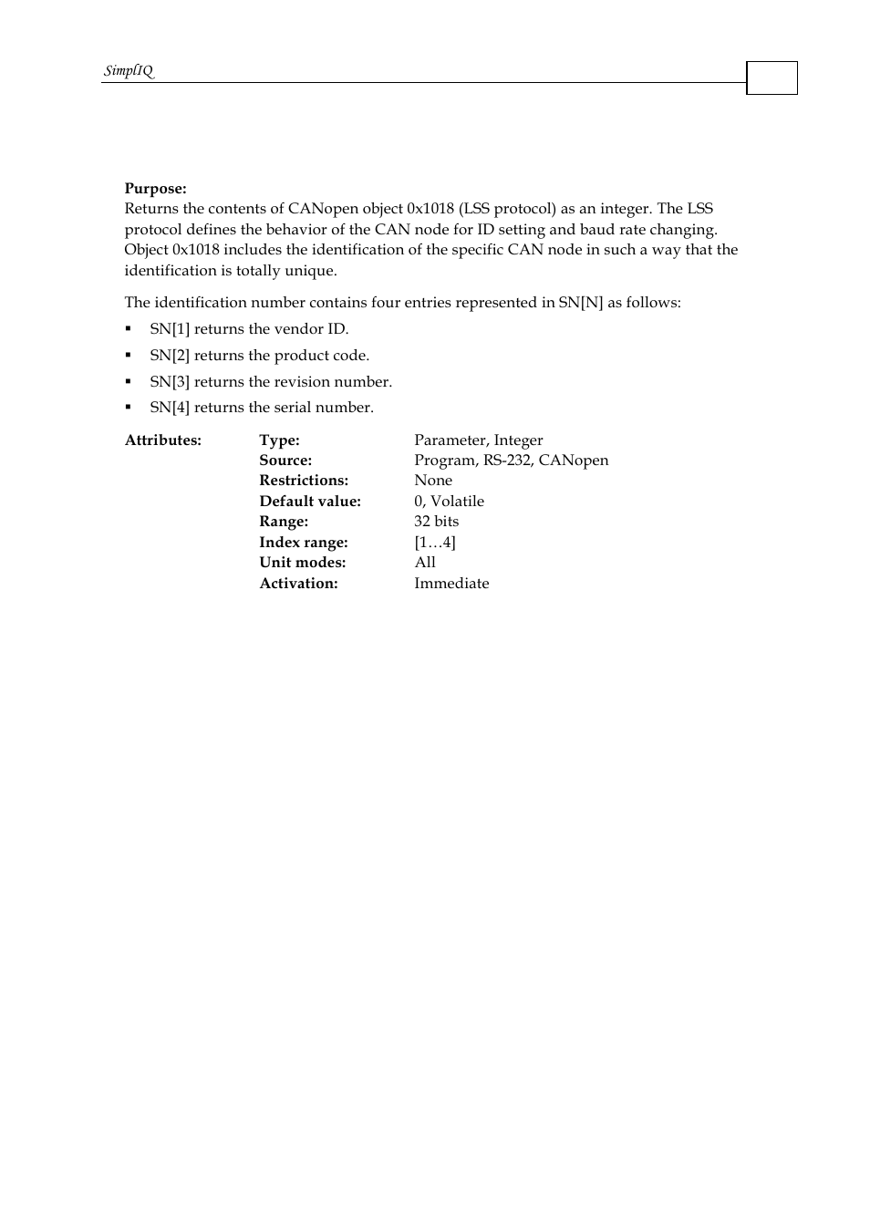 Sn - serial number | ElmoMC SimplIQ Command Reference User Manual | Page 146 / 188