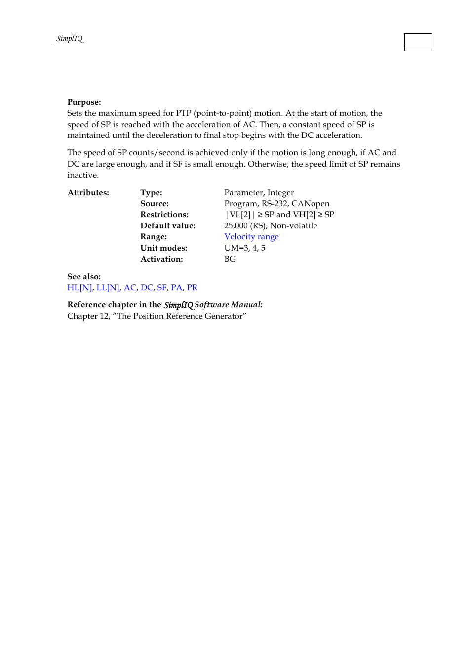 Sp - speed for ptp mode | ElmoMC SimplIQ Command Reference User Manual | Page 147 / 188