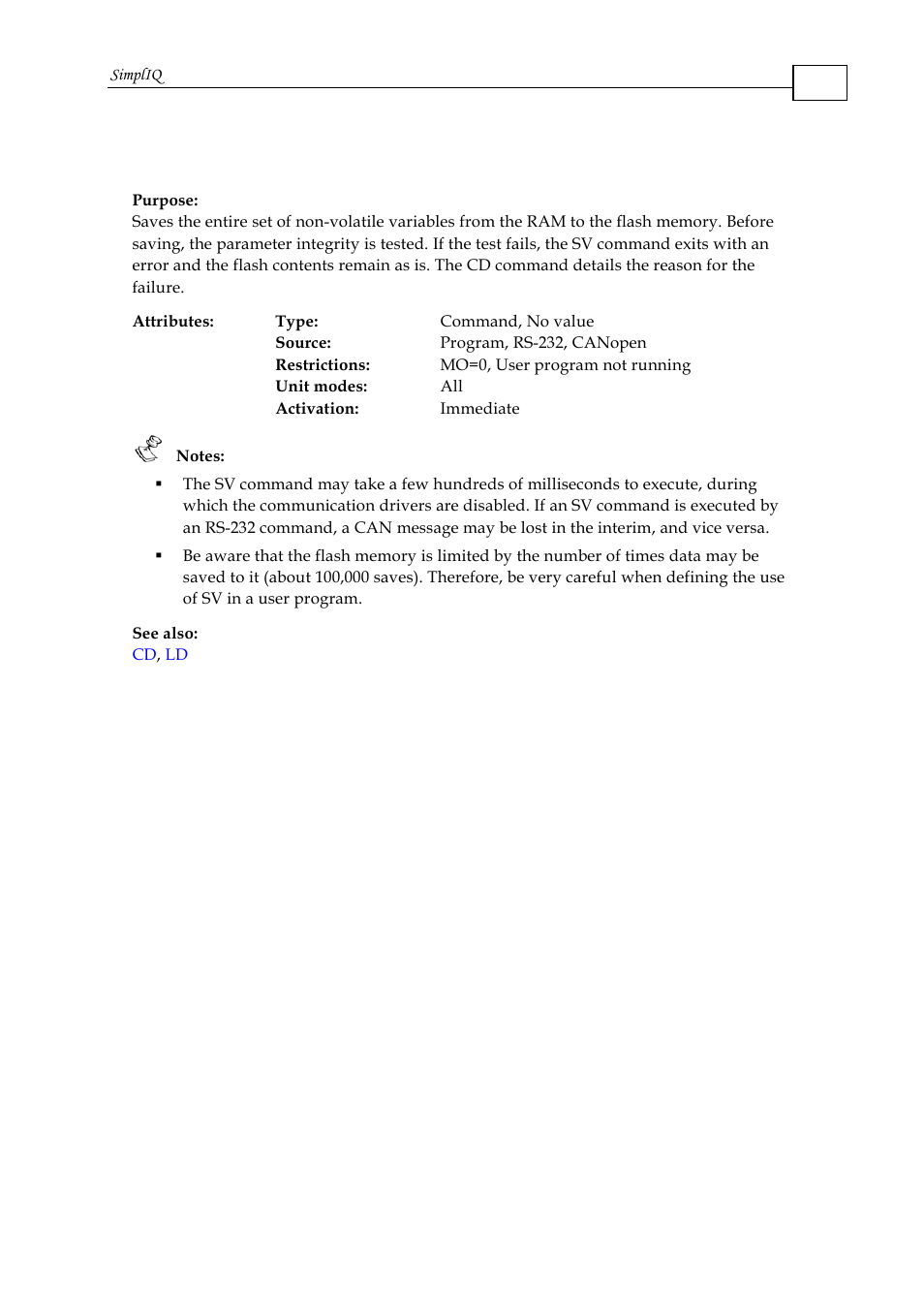 Sv - save parameters to flash | ElmoMC SimplIQ Command Reference User Manual | Page 151 / 188