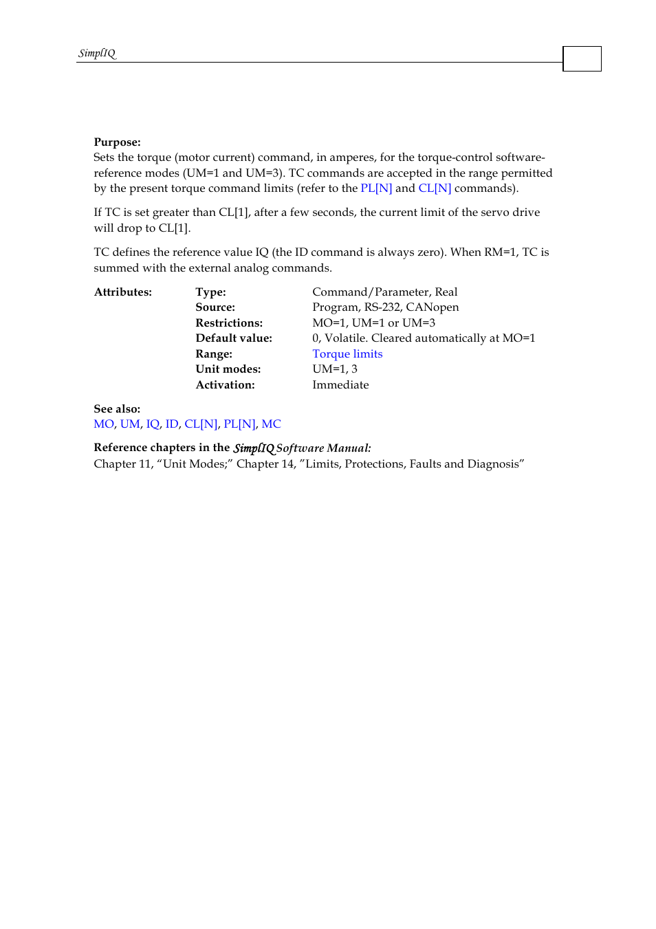 Tc - torque command | ElmoMC SimplIQ Command Reference User Manual | Page 152 / 188