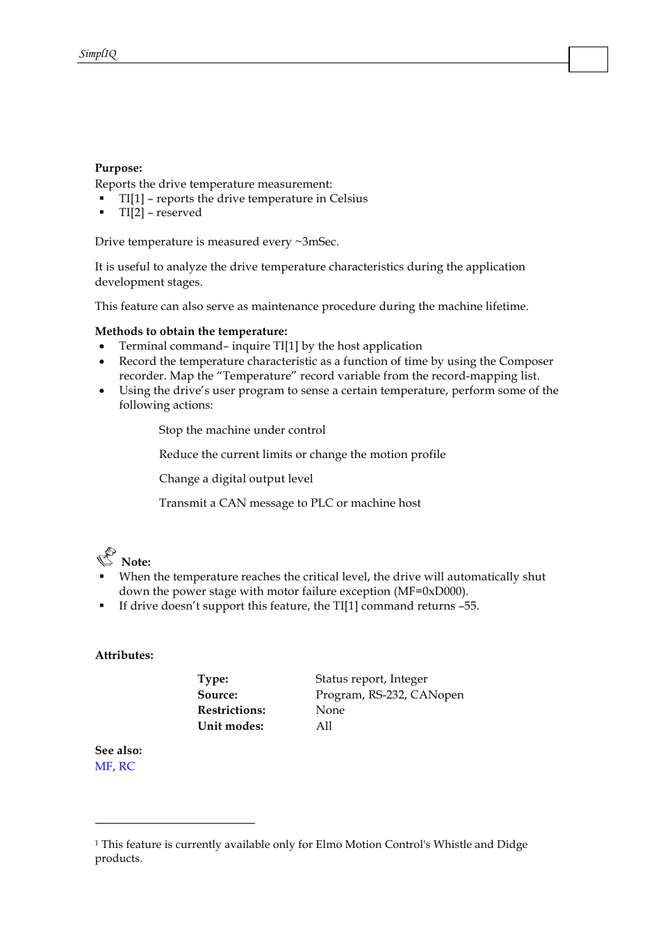 Ti[n] – temperature indications array1, Ti[n] – temperature indications array | ElmoMC SimplIQ Command Reference User Manual | Page 153 / 188