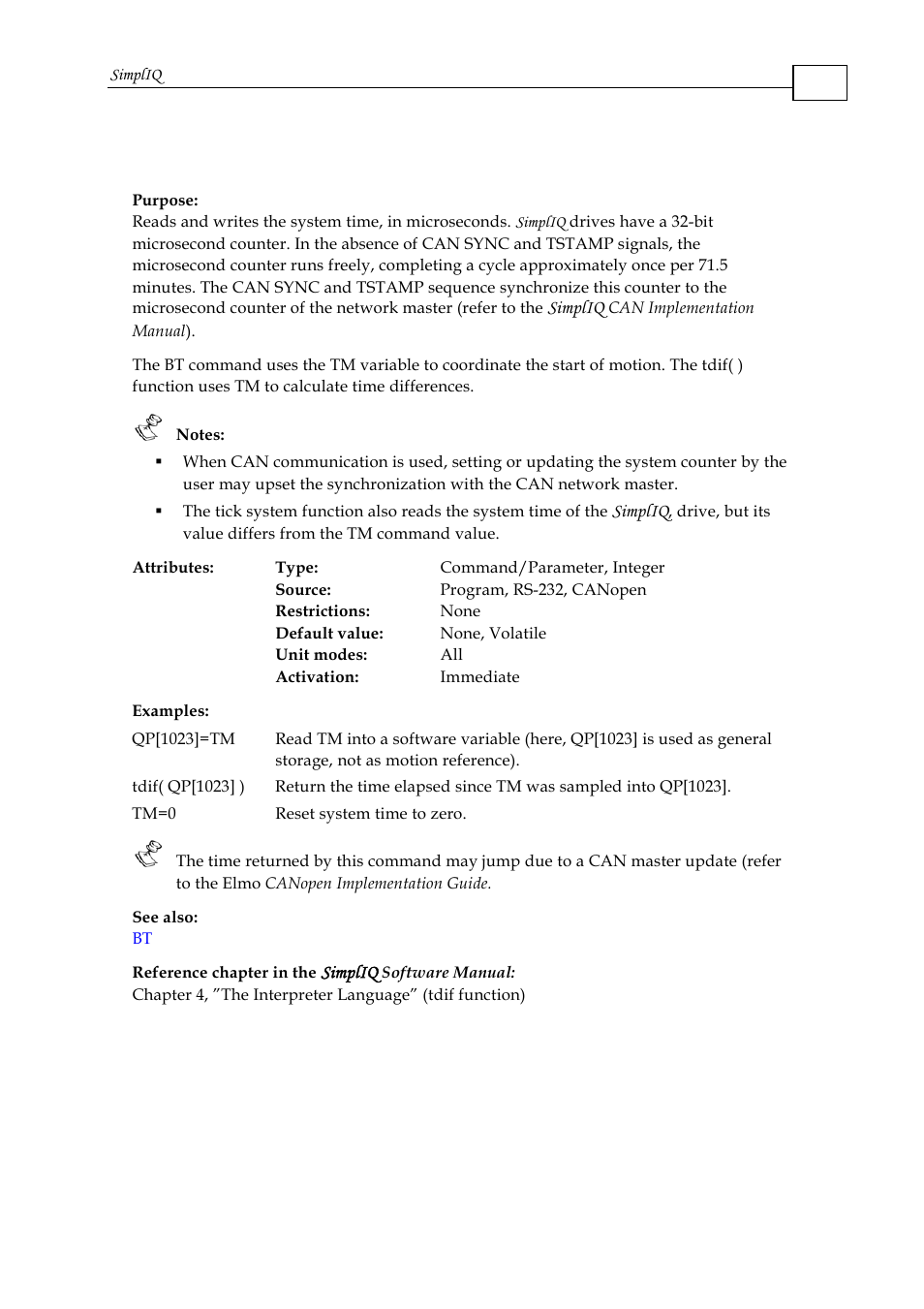 Tm - system time | ElmoMC SimplIQ Command Reference User Manual | Page 154 / 188