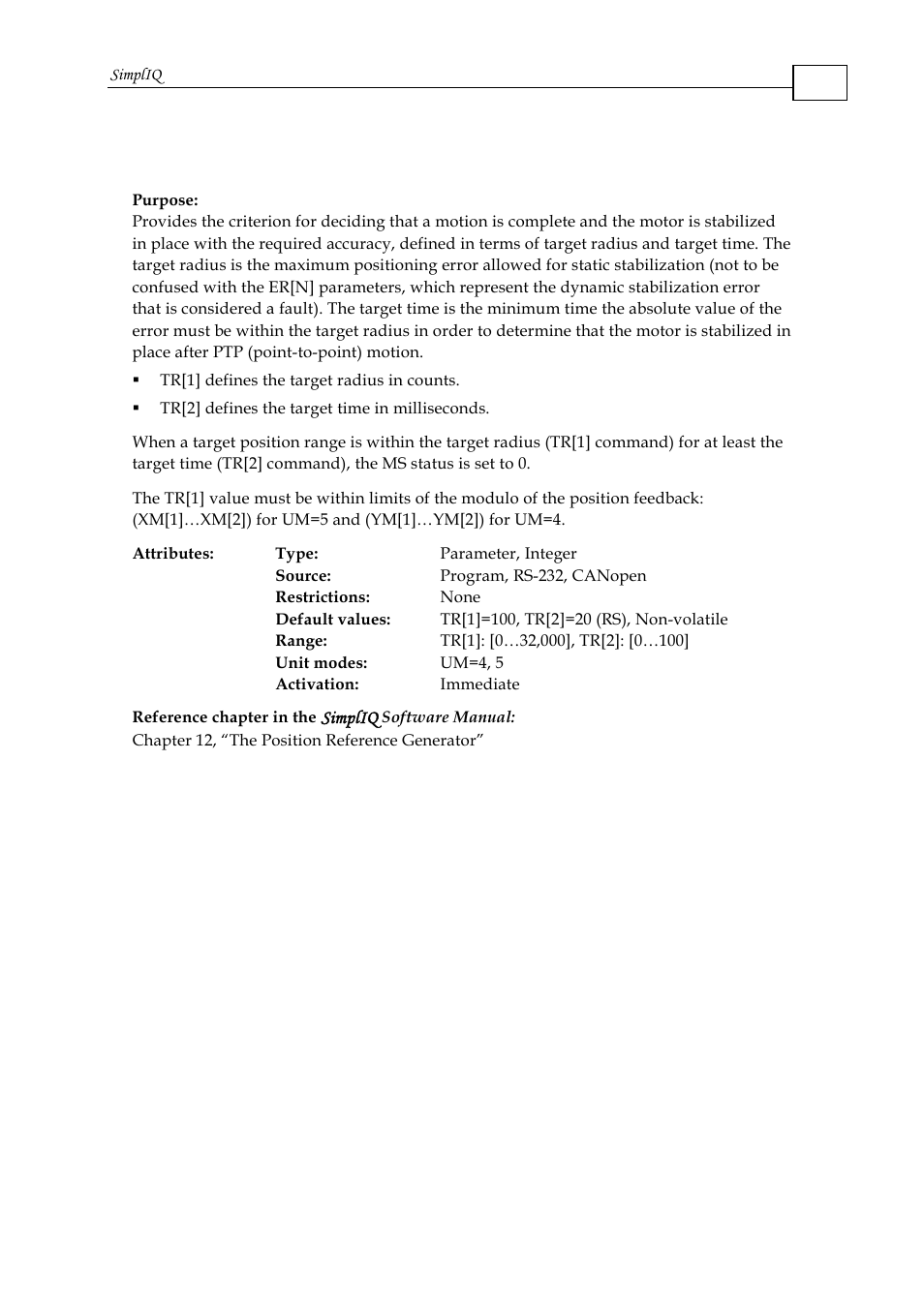 Tr - target radius, Simpliq | ElmoMC SimplIQ Command Reference User Manual | Page 156 / 188