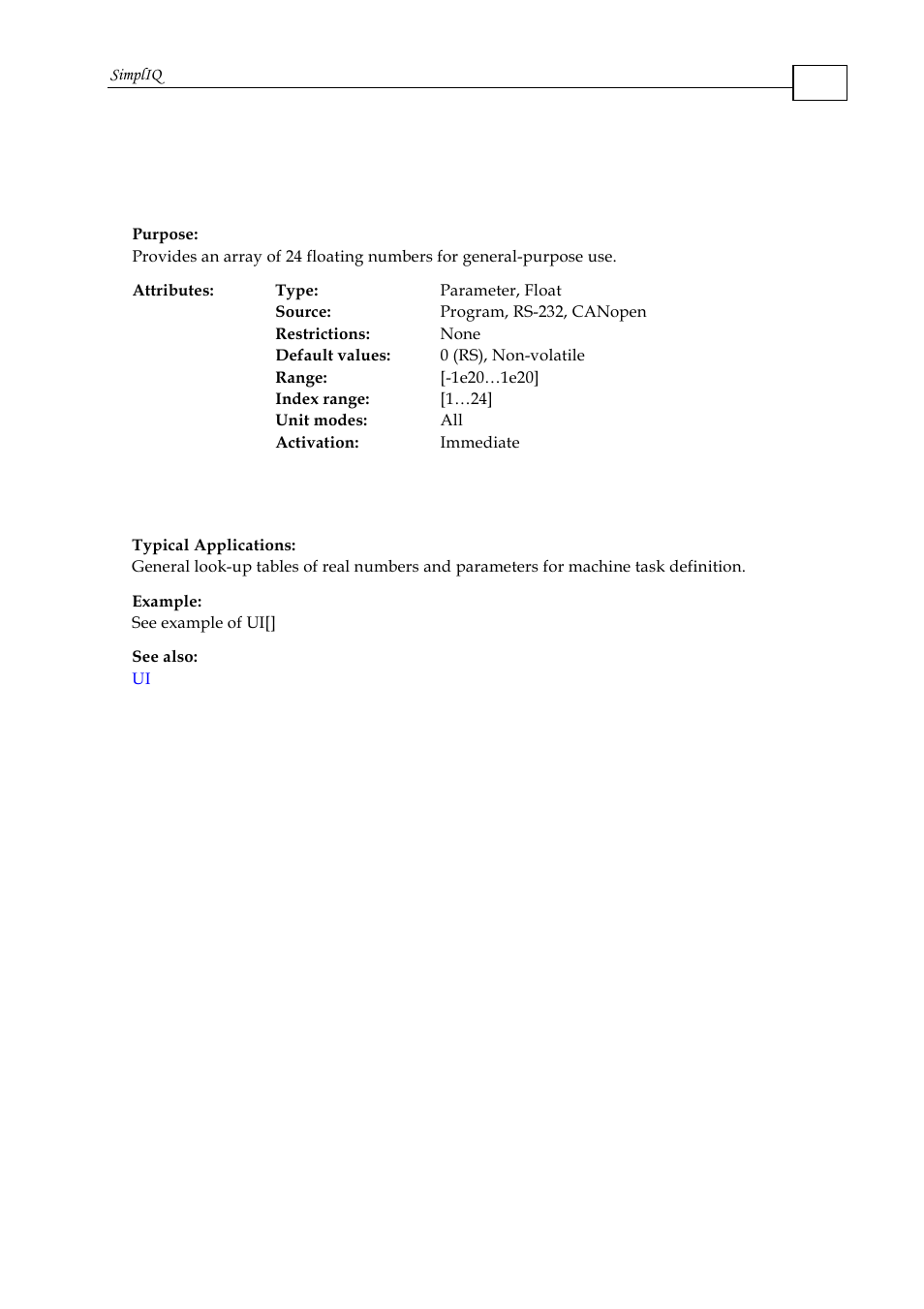 Uf[n] – user float array | ElmoMC SimplIQ Command Reference User Manual | Page 159 / 188