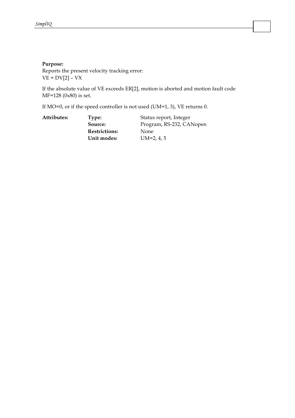 Ve - velocity error | ElmoMC SimplIQ Command Reference User Manual | Page 163 / 188