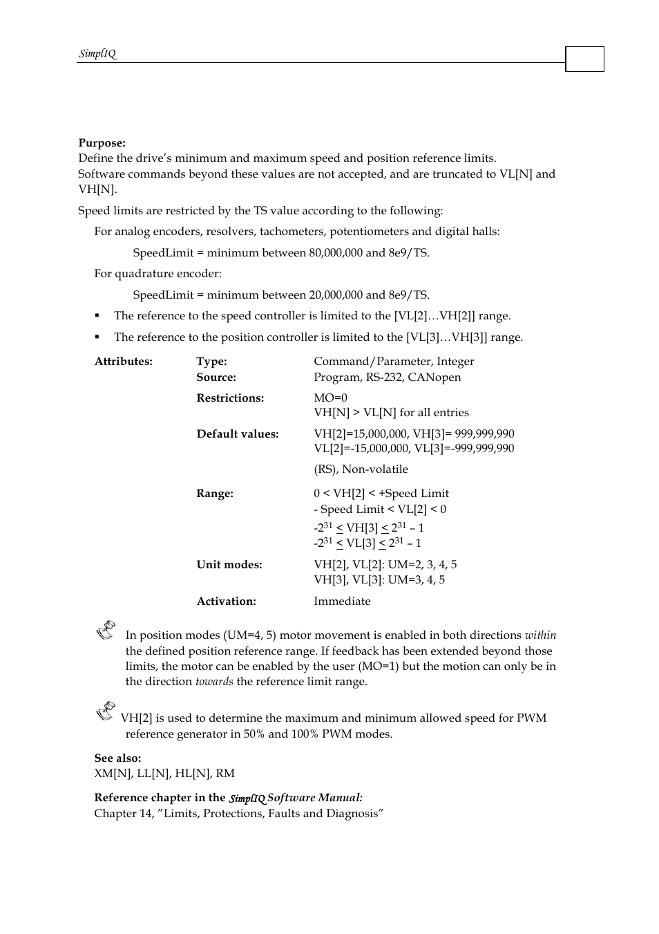 Vh[n], vl[n] - high and low reference limit | ElmoMC SimplIQ Command Reference User Manual | Page 164 / 188
