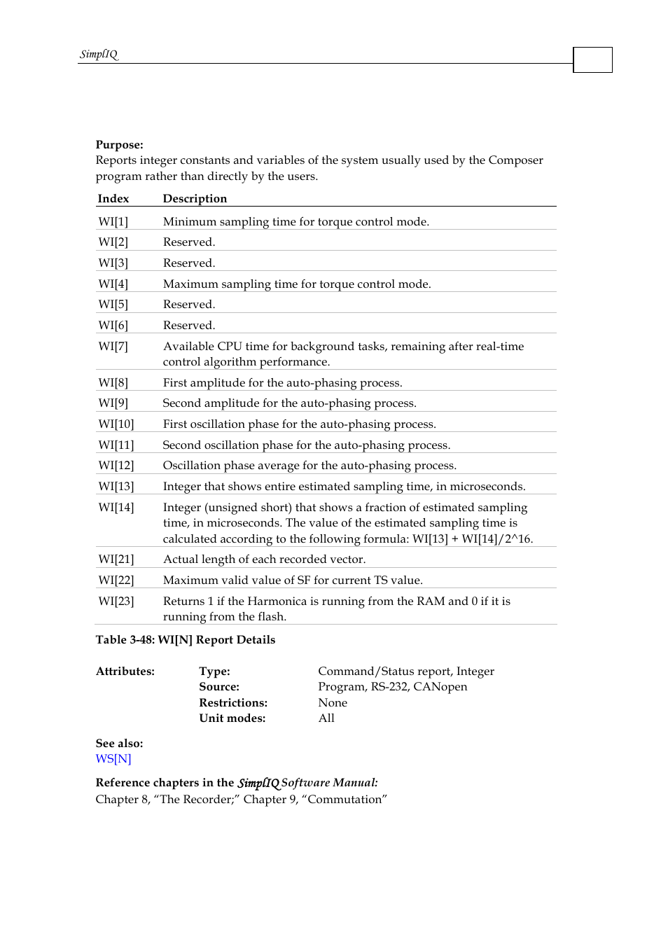 Wi[n] - miscellaneous reports, integer | ElmoMC SimplIQ Command Reference User Manual | Page 167 / 188