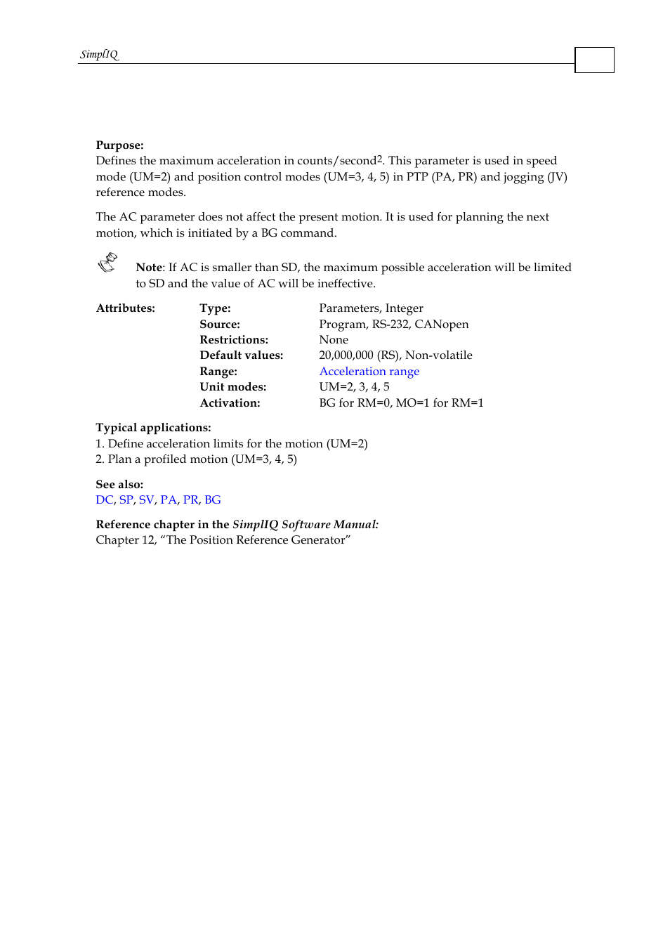Ac - acceleration | ElmoMC SimplIQ Command Reference User Manual | Page 19 / 188