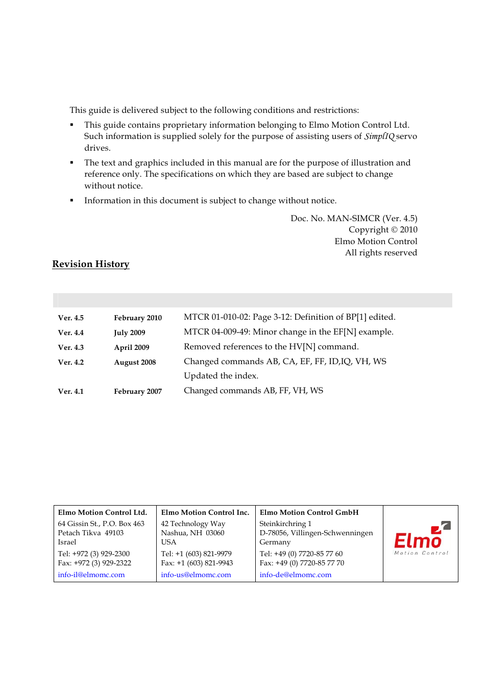 Important notice, Simpliq, Revision history | ElmoMC SimplIQ Command Reference User Manual | Page 2 / 188