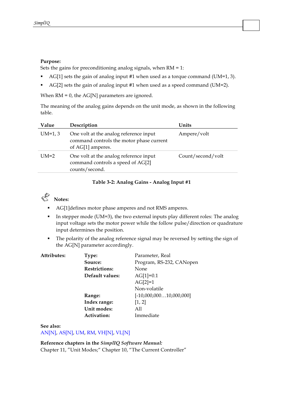 Ag[n] - analog gains array | ElmoMC SimplIQ Command Reference User Manual | Page 20 / 188
