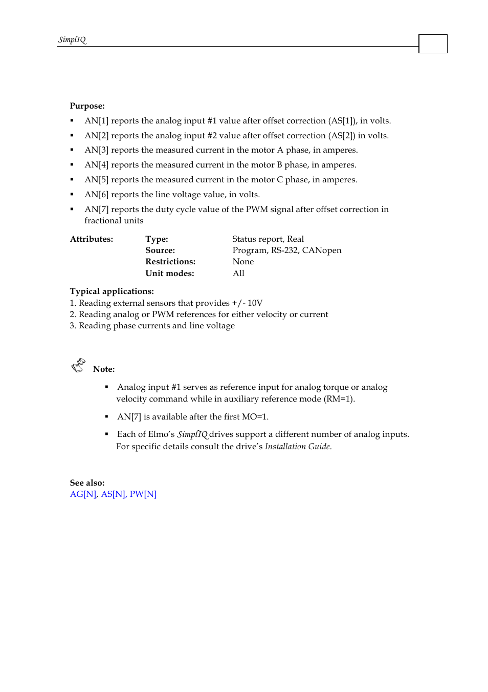 An[n] - analog inputs array | ElmoMC SimplIQ Command Reference User Manual | Page 21 / 188