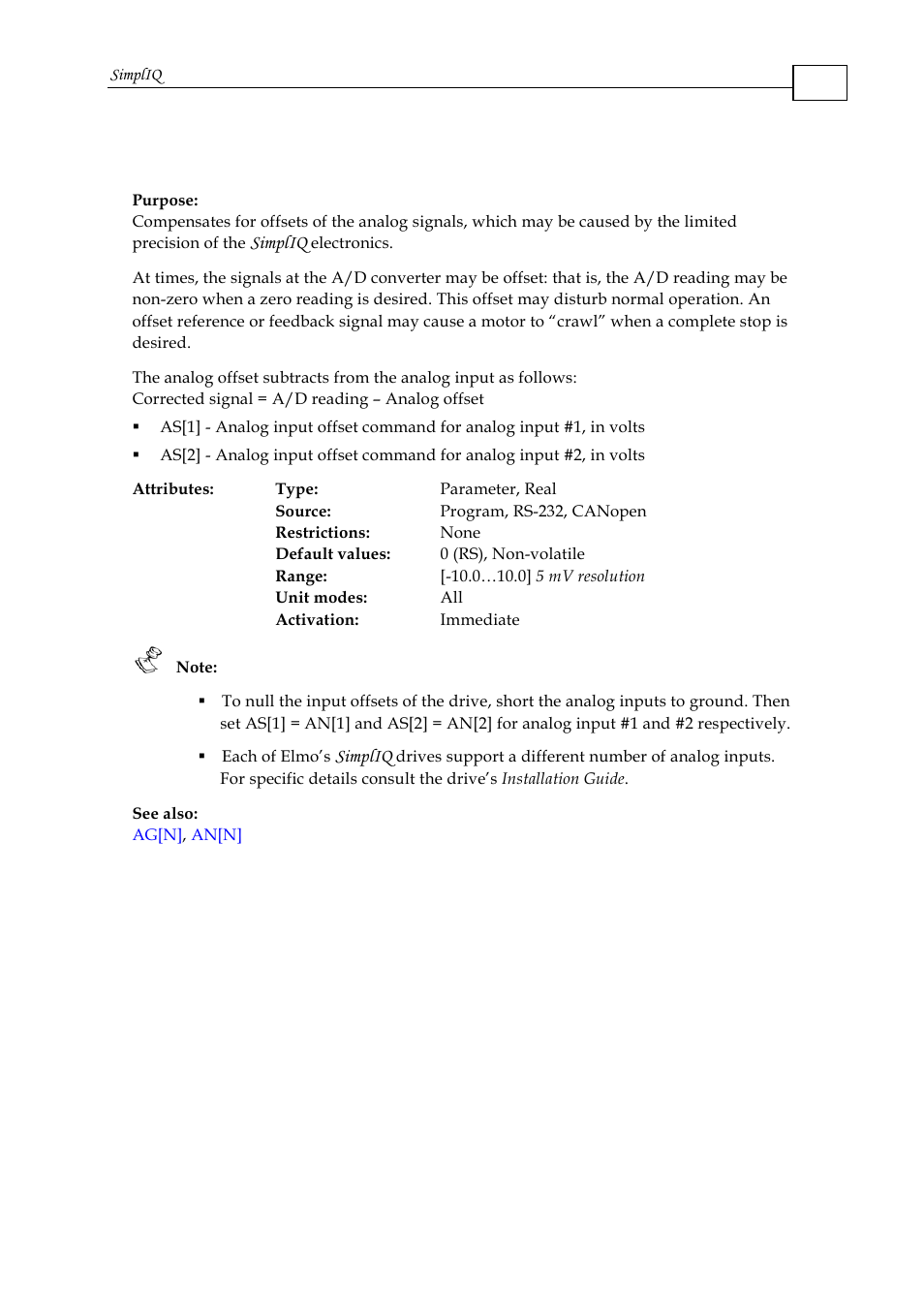 As[n] - analog input offsets array | ElmoMC SimplIQ Command Reference User Manual | Page 22 / 188