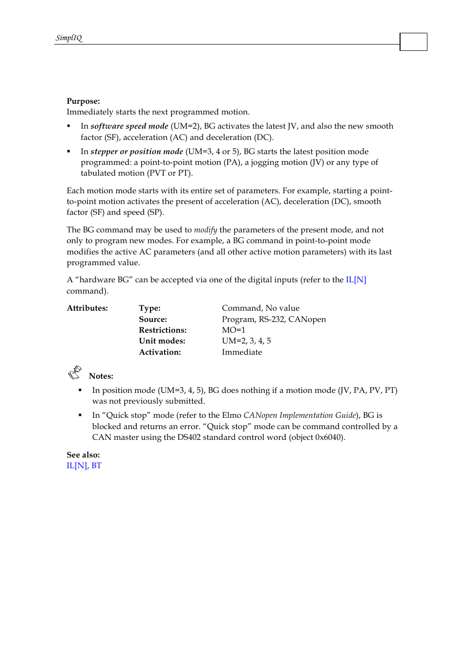 Bg - begin motion | ElmoMC SimplIQ Command Reference User Manual | Page 23 / 188