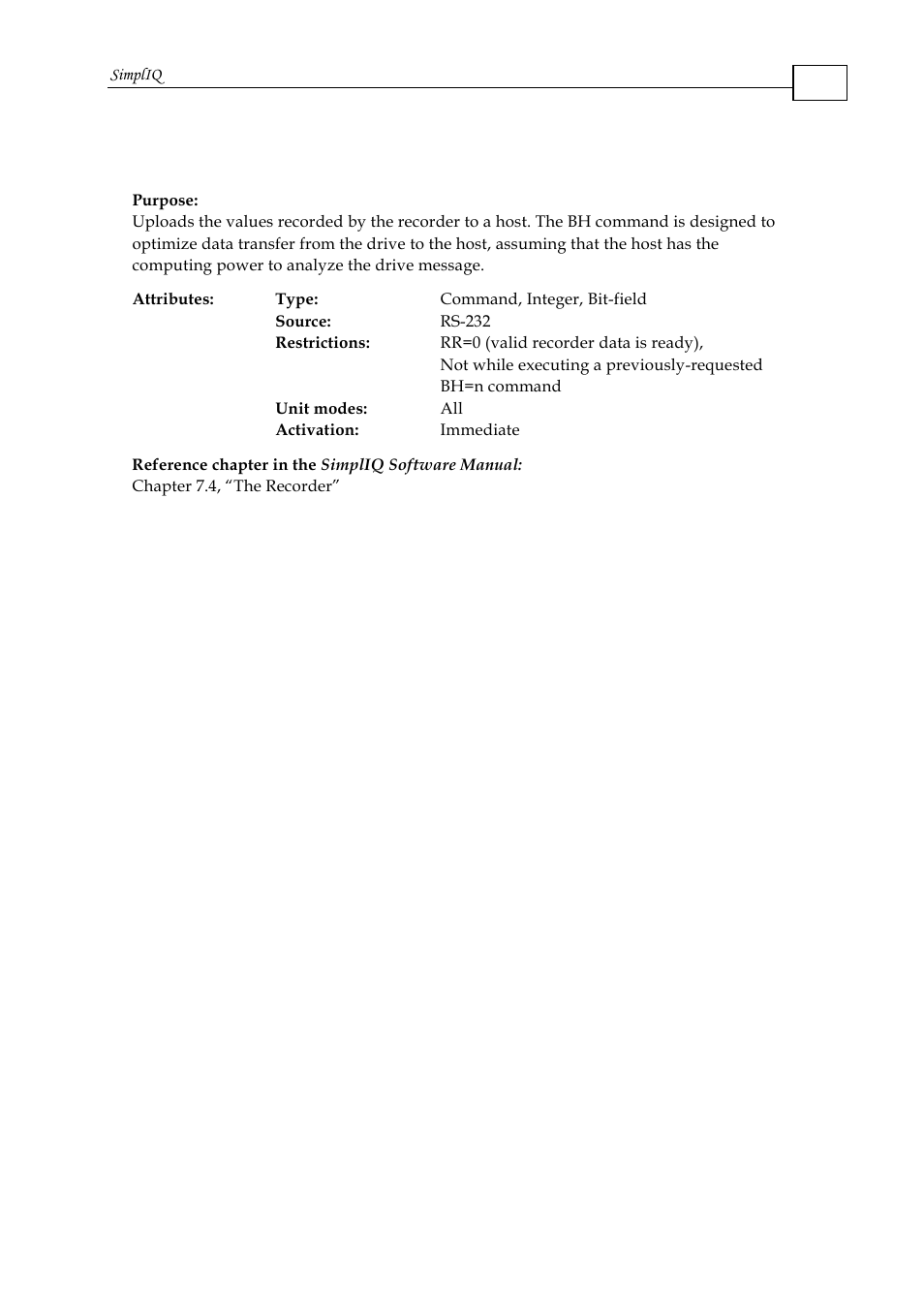 Bh - get a single recorded signal as hexadecimal | ElmoMC SimplIQ Command Reference User Manual | Page 24 / 188