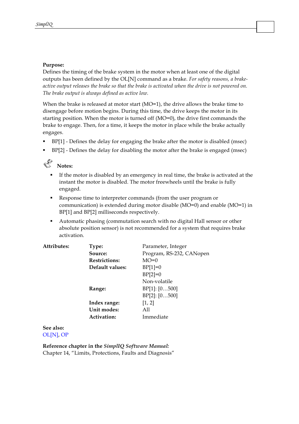 Bp[n] - brake parameter | ElmoMC SimplIQ Command Reference User Manual | Page 25 / 188