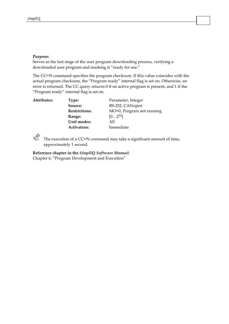 Cc - compiled program ready | ElmoMC SimplIQ Command Reference User Manual | Page 34 / 188
