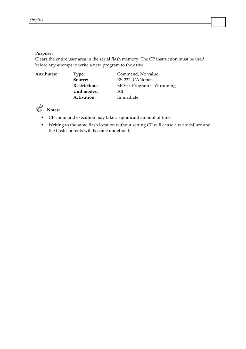 Cp - clear program | ElmoMC SimplIQ Command Reference User Manual | Page 39 / 188