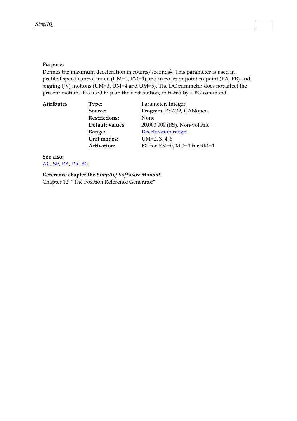 Dc - deceleration | ElmoMC SimplIQ Command Reference User Manual | Page 40 / 188