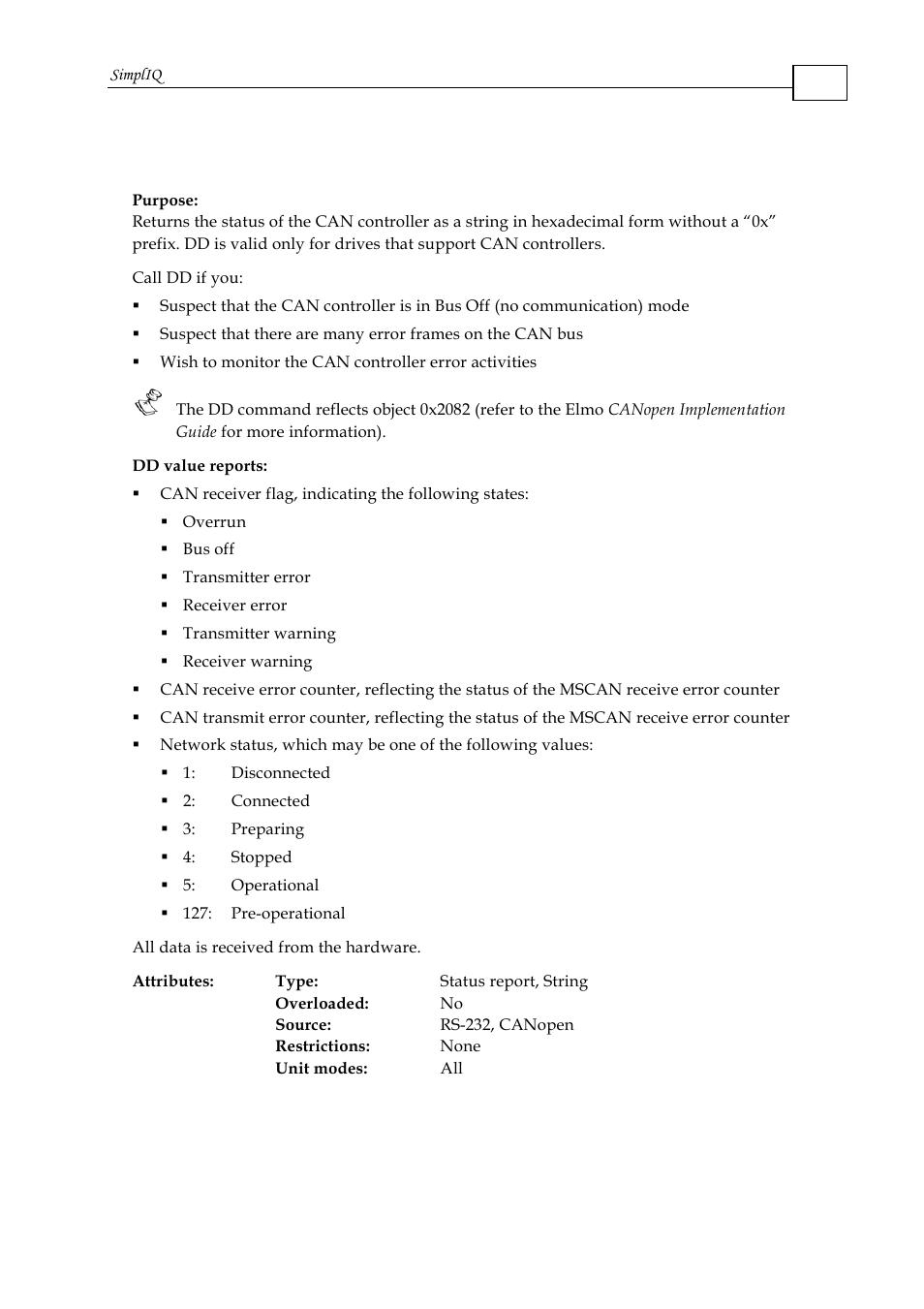 Dd - can controller status | ElmoMC SimplIQ Command Reference User Manual | Page 41 / 188
