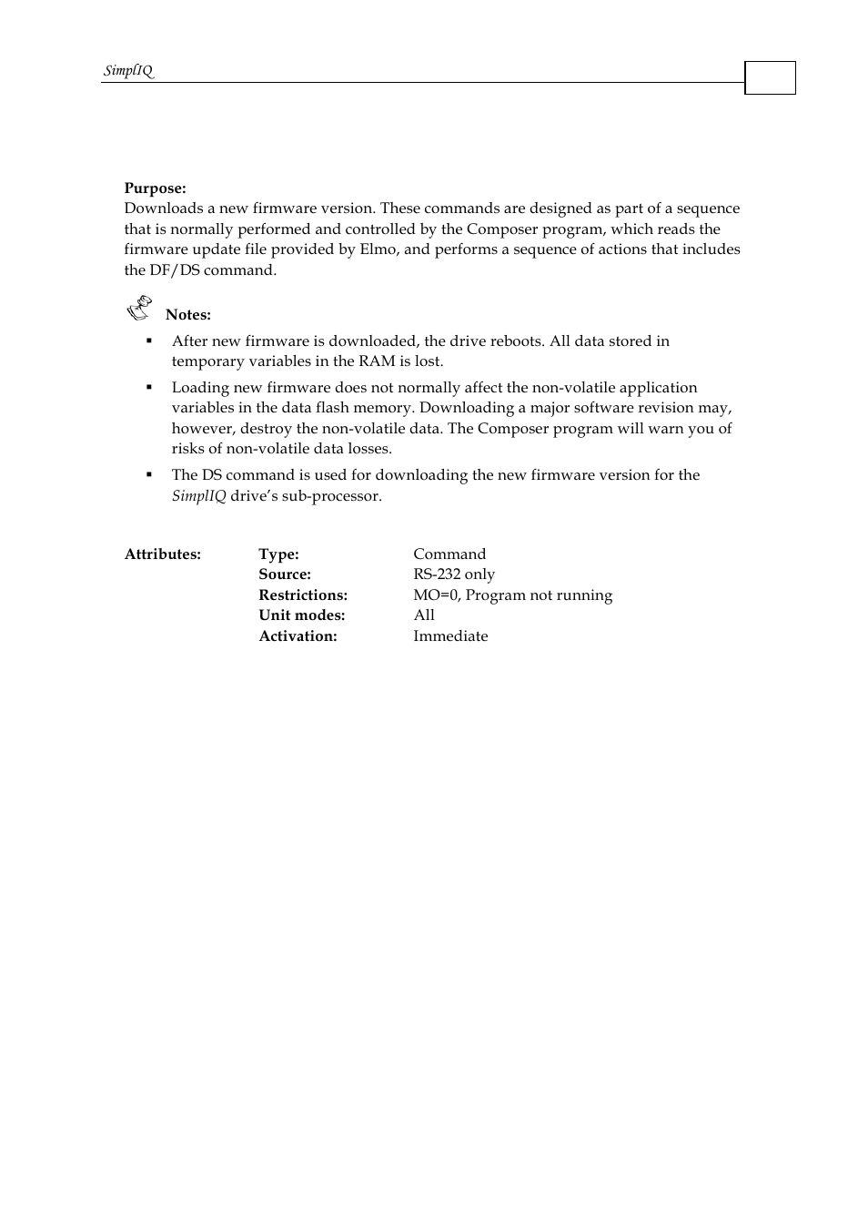 Df/ds - download firmware | ElmoMC SimplIQ Command Reference User Manual | Page 42 / 188