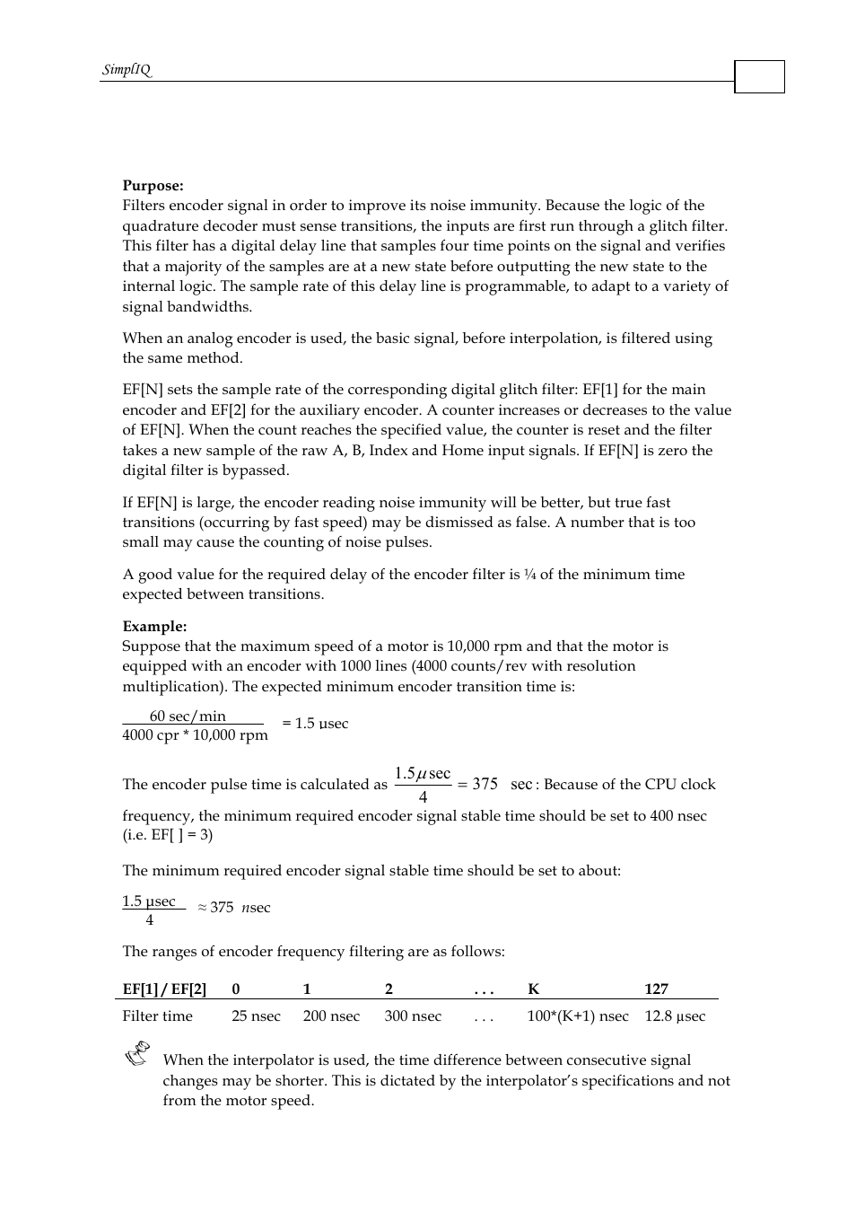 Ef[n] - encoder filter frequency | ElmoMC SimplIQ Command Reference User Manual | Page 58 / 188