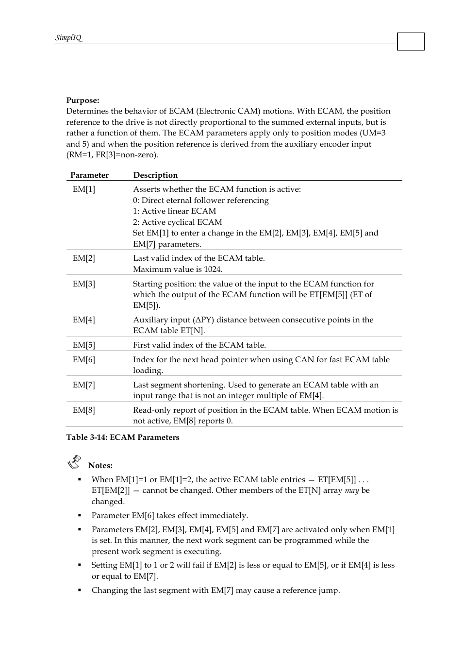 Em[n] - ecam parameters | ElmoMC SimplIQ Command Reference User Manual | Page 60 / 188
