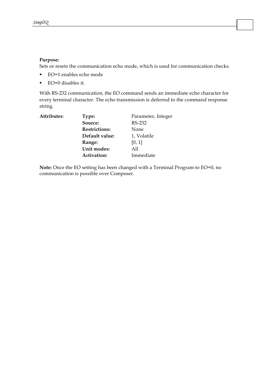 Eo - echo mode | ElmoMC SimplIQ Command Reference User Manual | Page 62 / 188