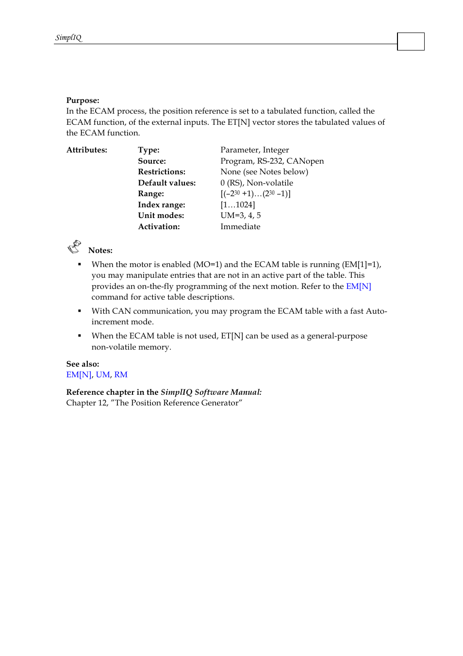 Et[n] - entries for ecam table | ElmoMC SimplIQ Command Reference User Manual | Page 64 / 188