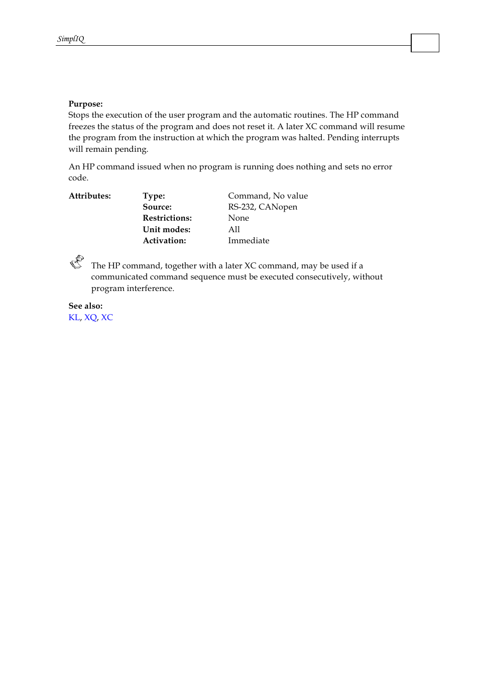 Hp - halt program execution | ElmoMC SimplIQ Command Reference User Manual | Page 73 / 188