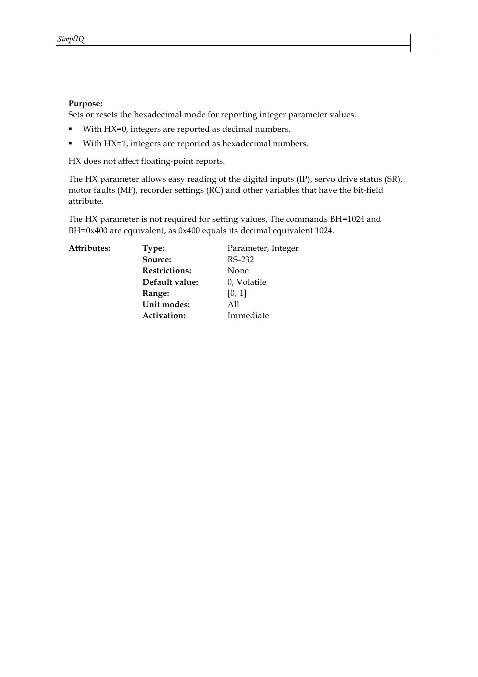 Hx - hexadecimal mode | ElmoMC SimplIQ Command Reference User Manual | Page 74 / 188