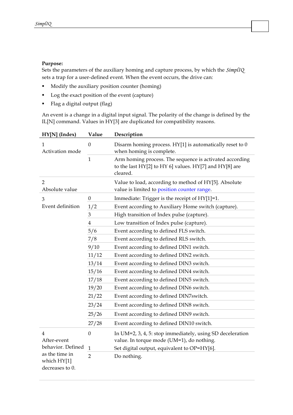 Hy[n] - auxiliary homing, capture and flag | ElmoMC SimplIQ Command Reference User Manual | Page 75 / 188