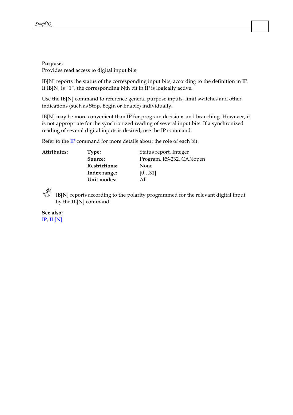 Ib[n] - input bits array | ElmoMC SimplIQ Command Reference User Manual | Page 78 / 188