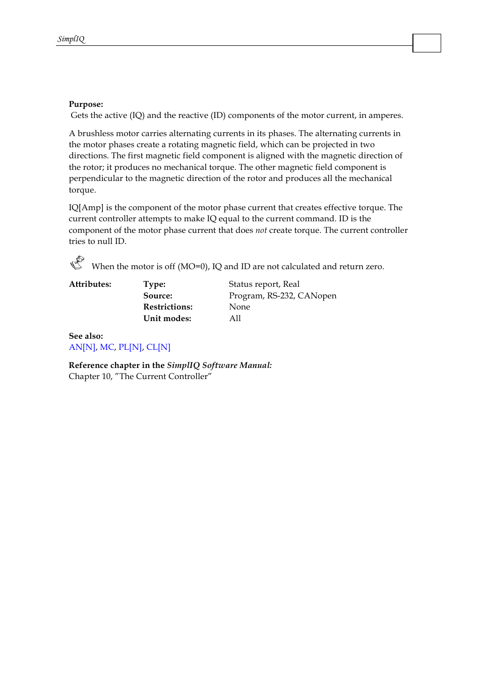 Id, iq - read active current and reactive current | ElmoMC SimplIQ Command Reference User Manual | Page 79 / 188