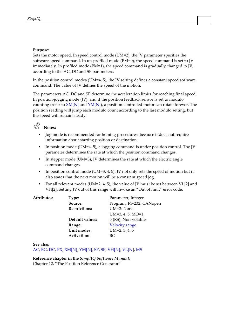 Jv- jogging velocity | ElmoMC SimplIQ Command Reference User Manual | Page 90 / 188