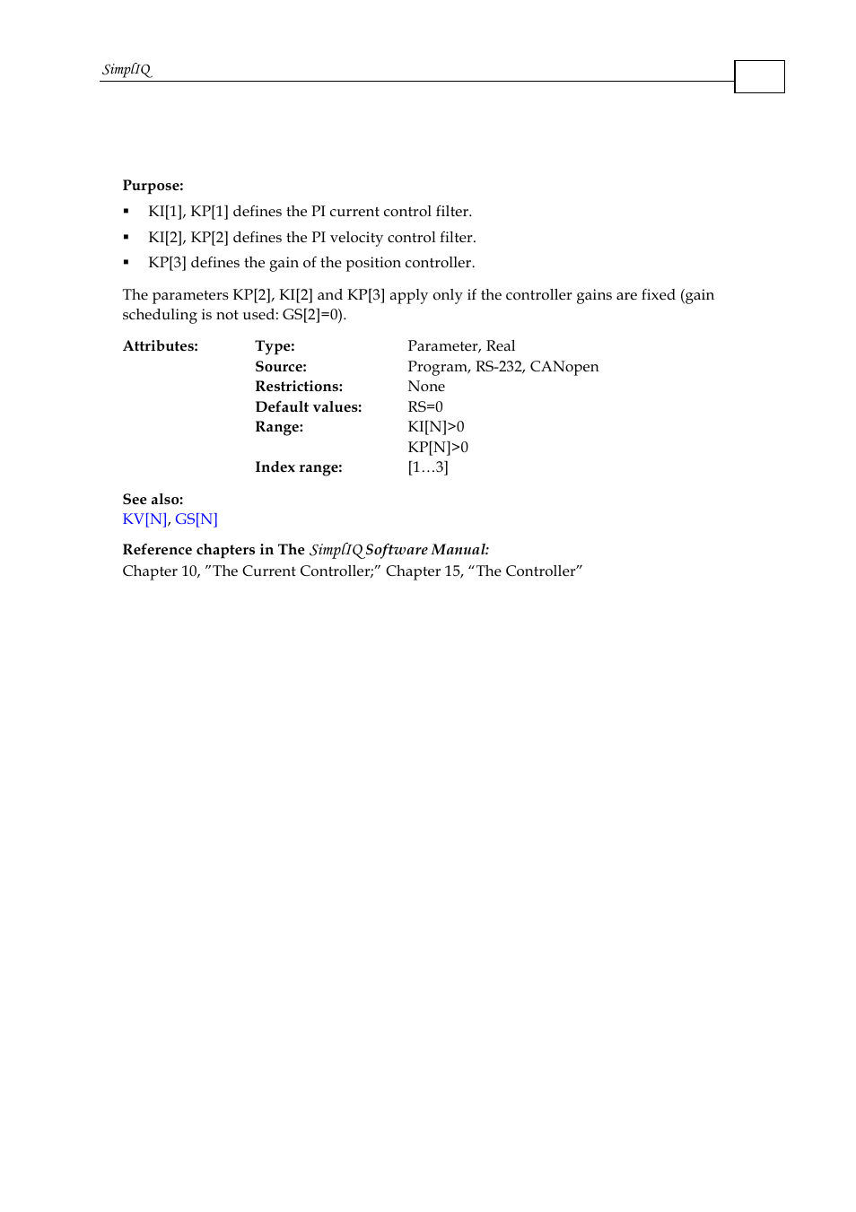 Ki[n], kp[n] - pi parameters, Simpliq | ElmoMC SimplIQ Command Reference User Manual | Page 92 / 188