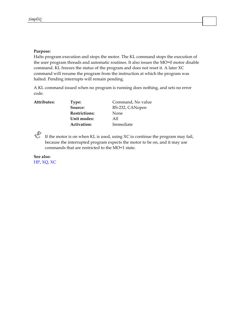 Kl - kill motion and program | ElmoMC SimplIQ Command Reference User Manual | Page 93 / 188