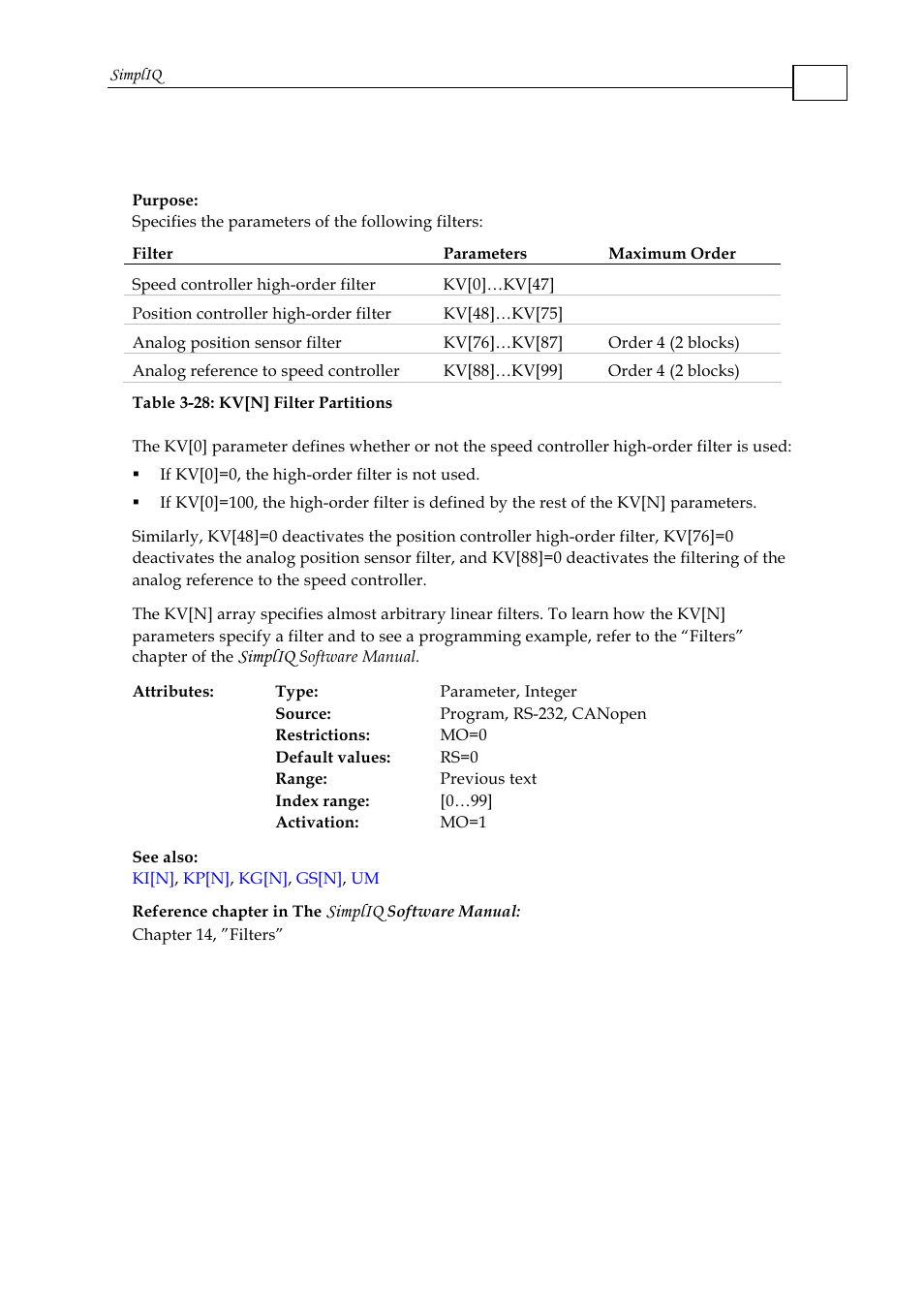 Kv[n] - high-order controller filter parameters | ElmoMC SimplIQ Command Reference User Manual | Page 94 / 188