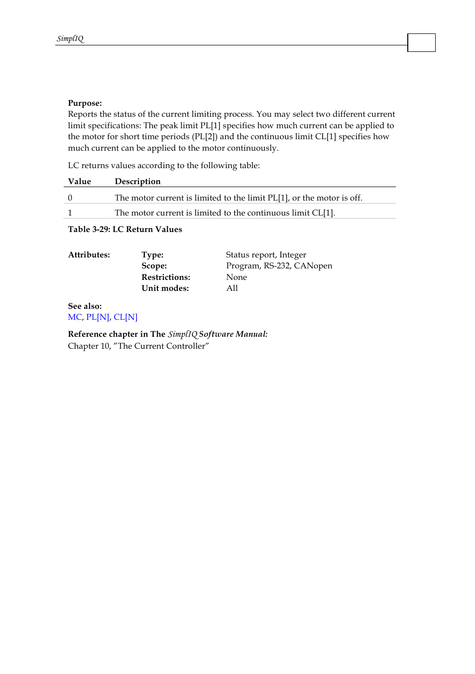 Lc - current limit flag, Simpliq | ElmoMC SimplIQ Command Reference User Manual | Page 95 / 188