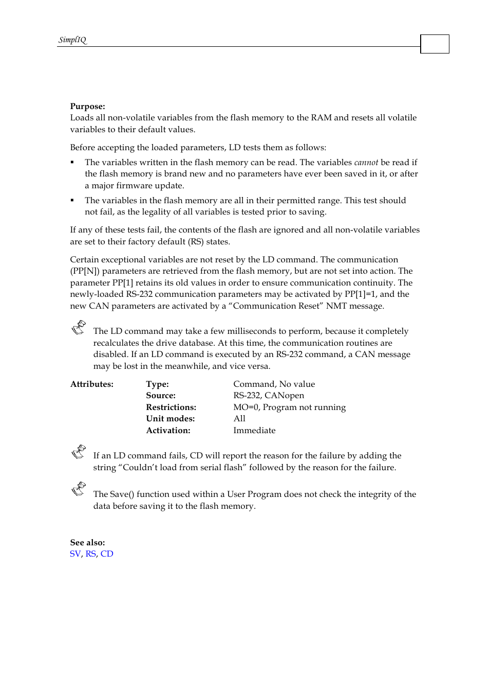 Ld - load parameters from flash | ElmoMC SimplIQ Command Reference User Manual | Page 96 / 188