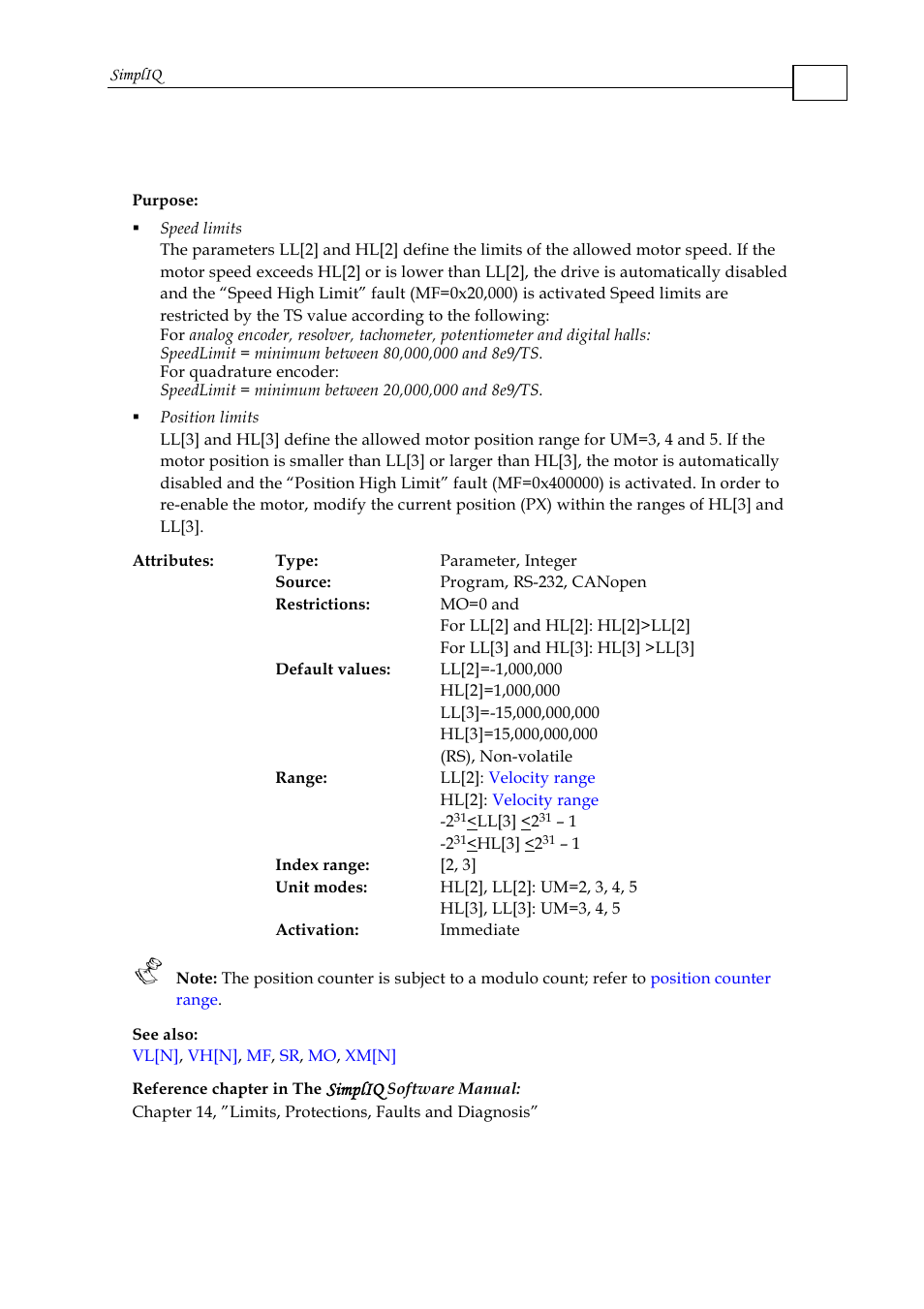 Ll[n] - low feedback limit, Simpliq | ElmoMC SimplIQ Command Reference User Manual | Page 97 / 188